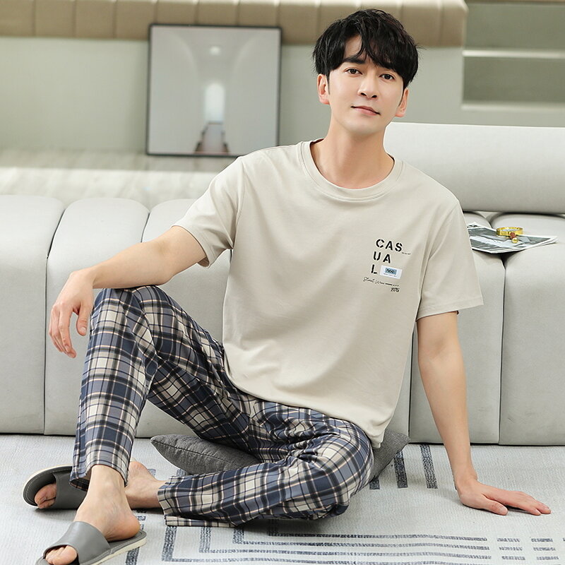 Men's Home Clothes Summer Striped Cotton Sleepwear Lounge Set Homewear Male Pajamas Set Trouser Home Suit Big Size Pijama Hombre