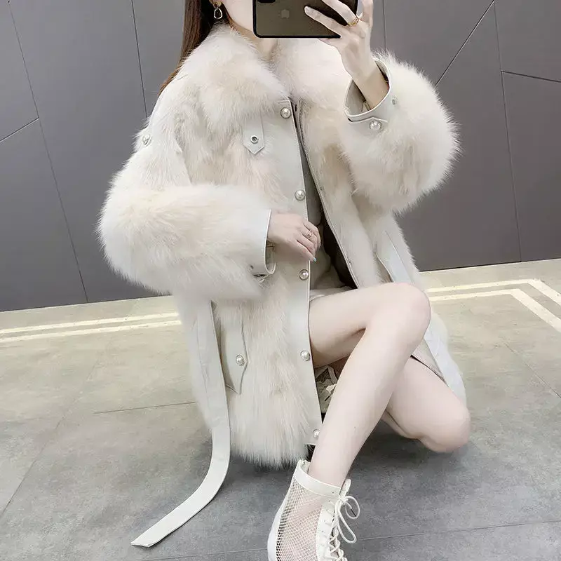 Abrigo de piel de zorro de imitación para mujer, chaqueta de encaje cálida, estilo coreano, alta calidad, moda de invierno, elegante, nuevo