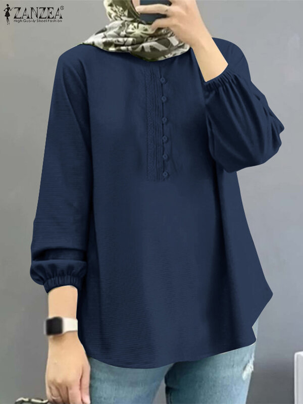 2023 винтажная мусульманская блузка ZANZEA, Женская Повседневная кружевная рубашка, блузы, одежда в исламском стиле, осенние модные топы с круглым вырезом и длинным рукавом