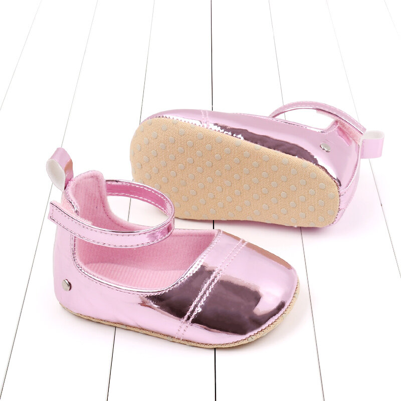 Primeiro Walker Berço Sapatos Metálicos para Bebés, Premium PU Flats, Infantil Cor Sólida, Festa, Festival, Chuveiro de Bebê
