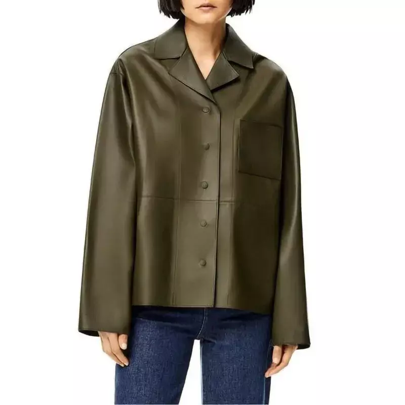 Jaket kulit asli wanita, mantel Luaran kulit domba kancing Musim Semi dan Gugur untuk perempuan
