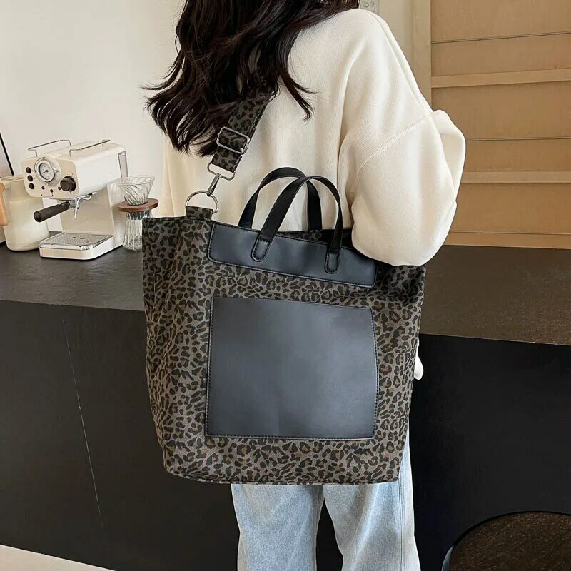 Vintage Women's Bag Shopper Simple Fashion Zipper Handbags Brown Leopard Nylon  Crossbody Large Capacity Tote Shoulder Bags
