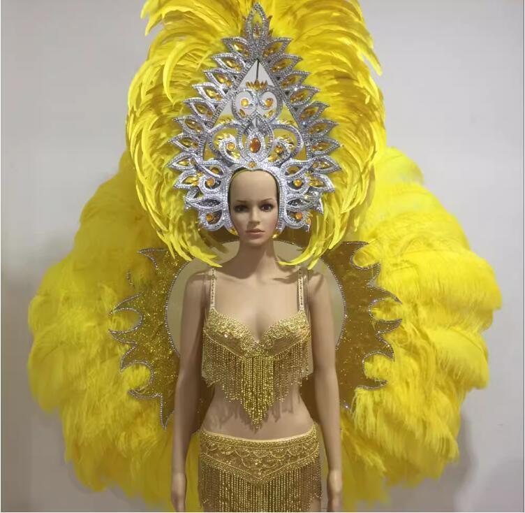 Vestido de baile de Samba con abertura de pluma amarilla, disfraz de actuación de gran escenario
