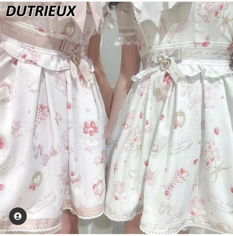 Gaun lengan pendek kerah berlayar Jepang gaun Midi bunga kue stroberi baru musim semi Musim Panas 2024 gaun pelajar Lolita