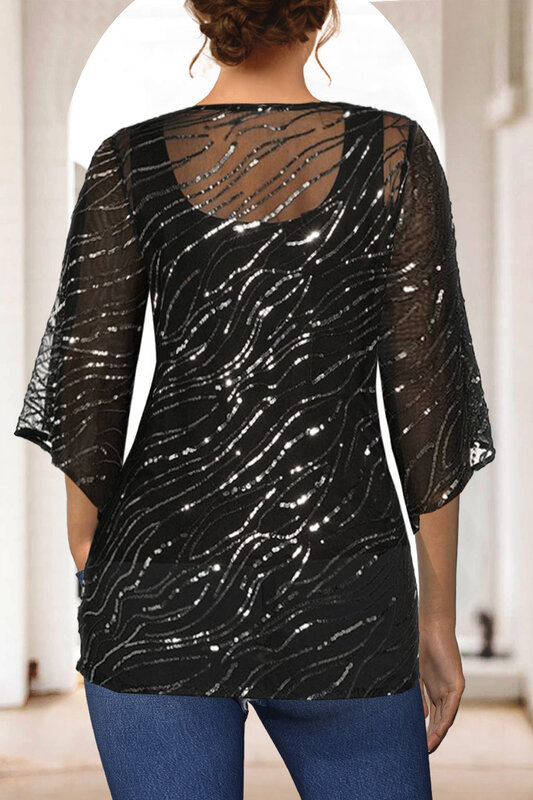 フライポッチャリ-ブラウスにキラキラ光る、プラスサイズのドレス、3/4スリーブ、2個