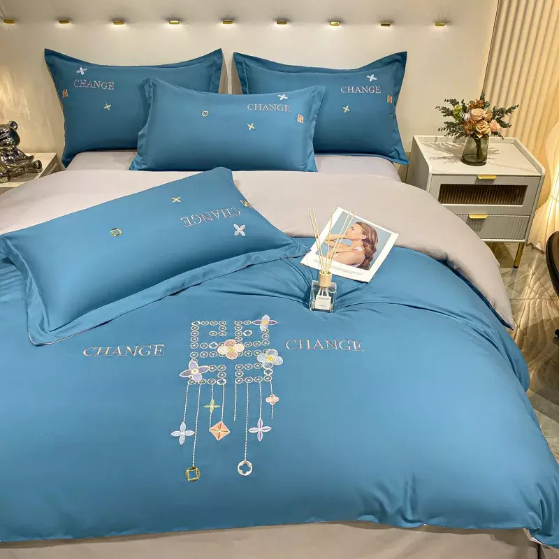 Biancheria da letto con ricamo spazzolato, set di quattro pezzi di lusso leggero, singolo, lenzuolo matrimoniale, copripiumino