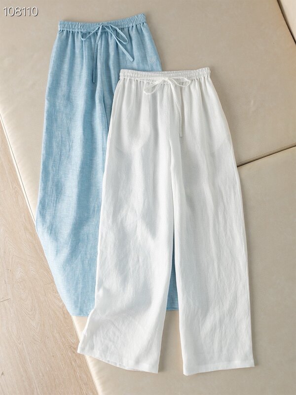 Letnie L * P damskie spodnie z nogawkami lniane spodnie z wysokim stanem prosta szeroka lekka, cienka damskie białe letnie długie spodnie