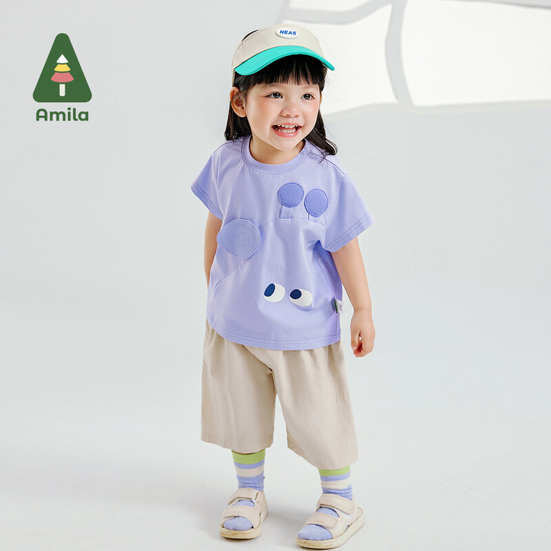 Amila 2024 Summer New Boys and Girls Top Cartoon Animal Solid Color Short Sleeve Fun Everything Simple T-shirt