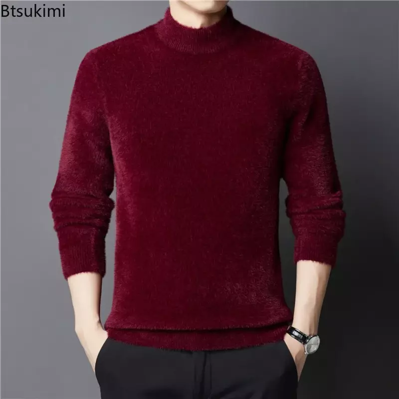 Новинка 2024, мужской теплый плотный шерстяной свитер, Однотонный женский зимний мужской плотный свитер с плюшевой подкладкой, облегающие пуловеры