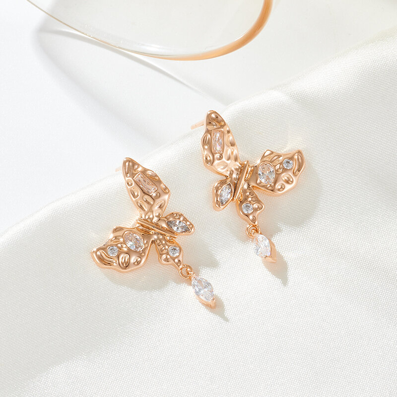 SYOUJYO-Boucles d'oreilles pendantes papillon en or 585 pour femmes, bijoux fins, document brillant, naturel, Zunderes