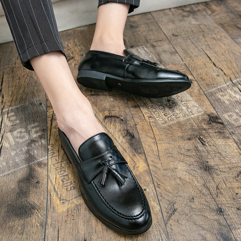 Sepatu Lefu Fashion kasual untuk pria, sepatu Lefu ujung bulat, sepatu bisnis kulit rumbai serbaguna warna hitam cokelat ukuran 38-48