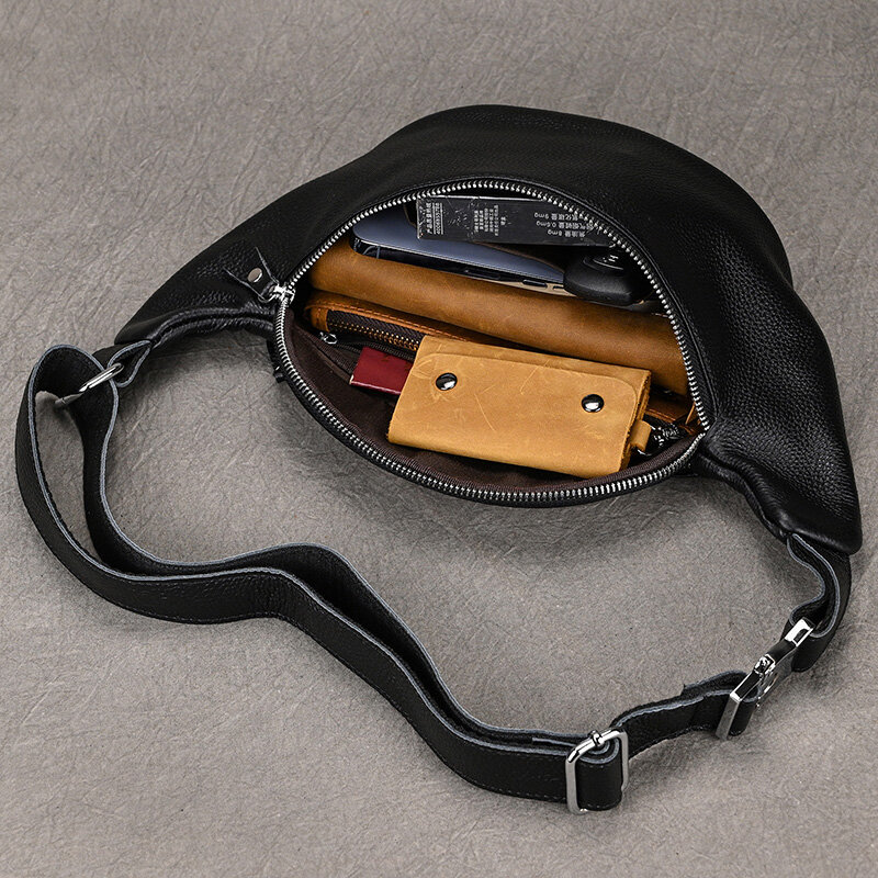 Tas pinggang kulit asli untuk pria, tas sabuk kantong ponsel Mini, tas dada perjalanan pria, tas selempang kantong kulit hitam