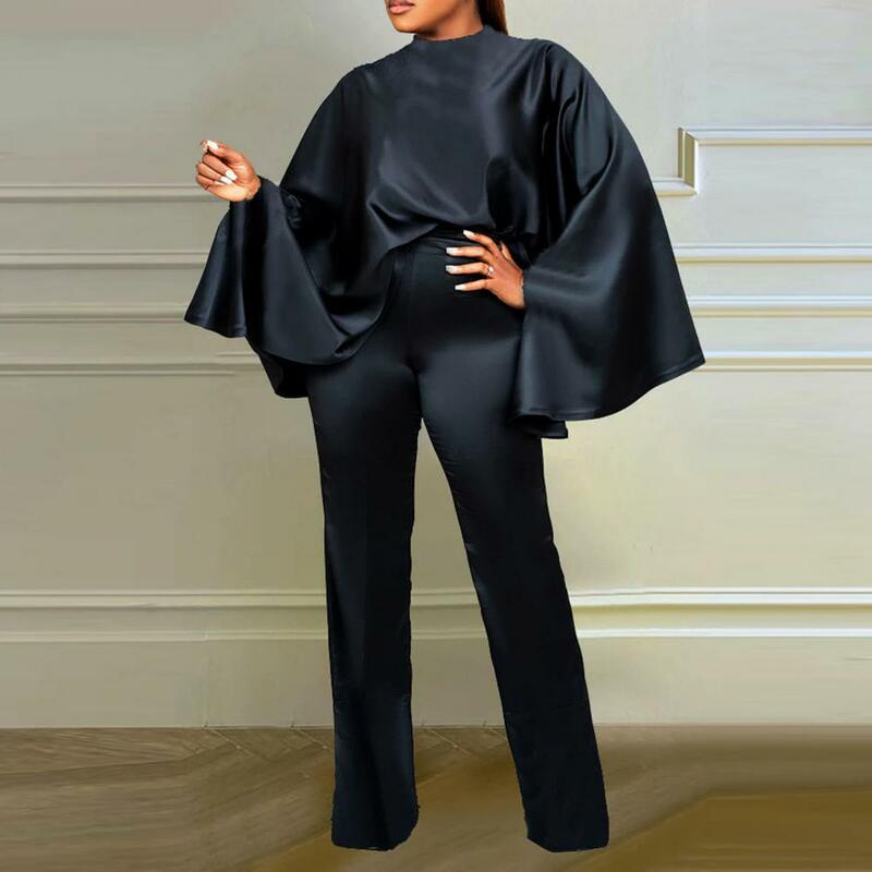 Conjunto feminino elegante de duas peças de cetim, top com gola O manga Batwing, calça de cintura alta, roupa inspirada na moda
