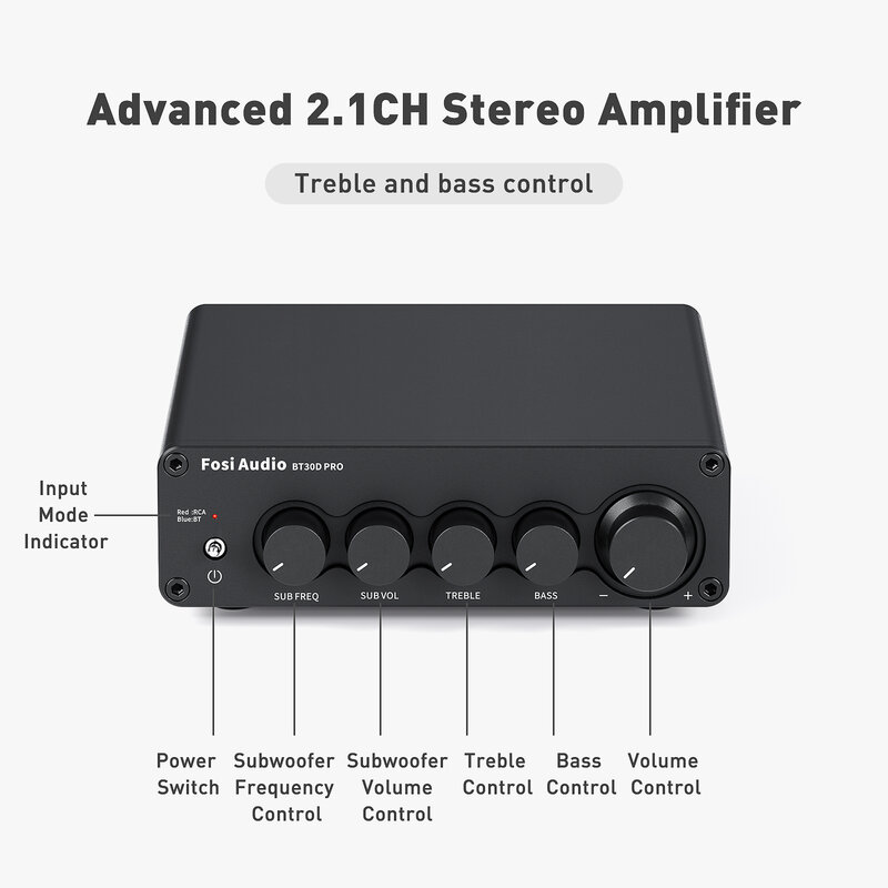 Foci Audio-Bluetooth Sound Power Amplifier, 2.1 Channel Amp, Reciver de áudio para alto-falante, Subwoofer, BT30D PRO, 165W x 2 Plus 350W