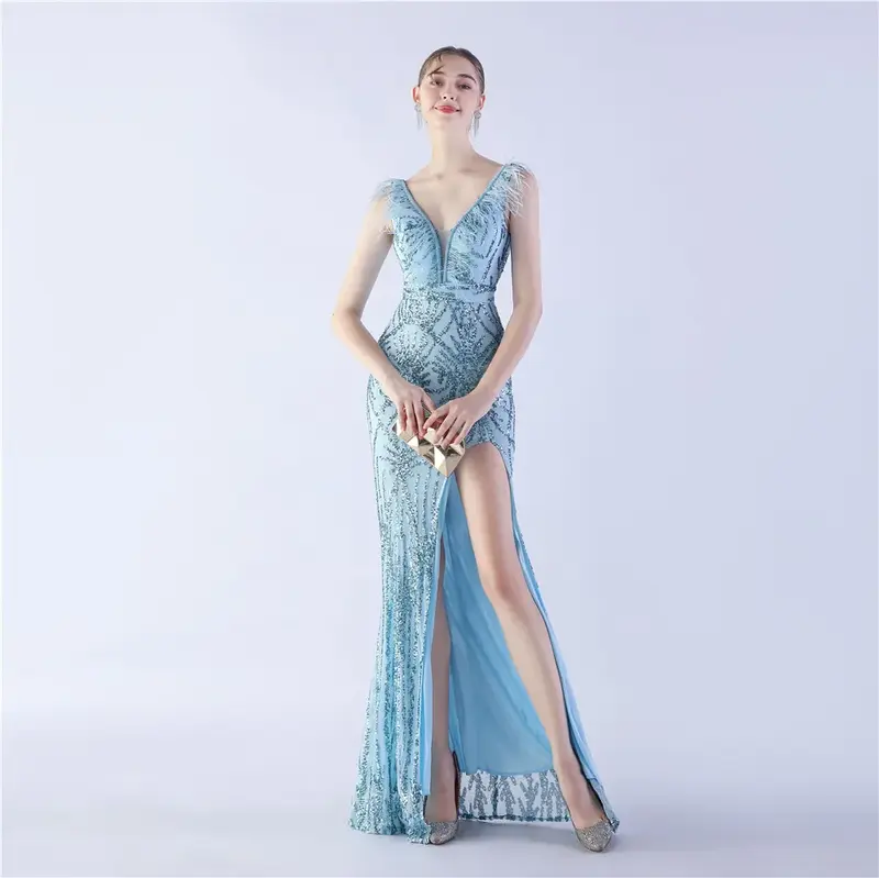 Sladuo Sexy V Neck With Father Sleeveless Slit Mermaid Casual Fashion Cocktail Evening Dress Skinny Party Dress