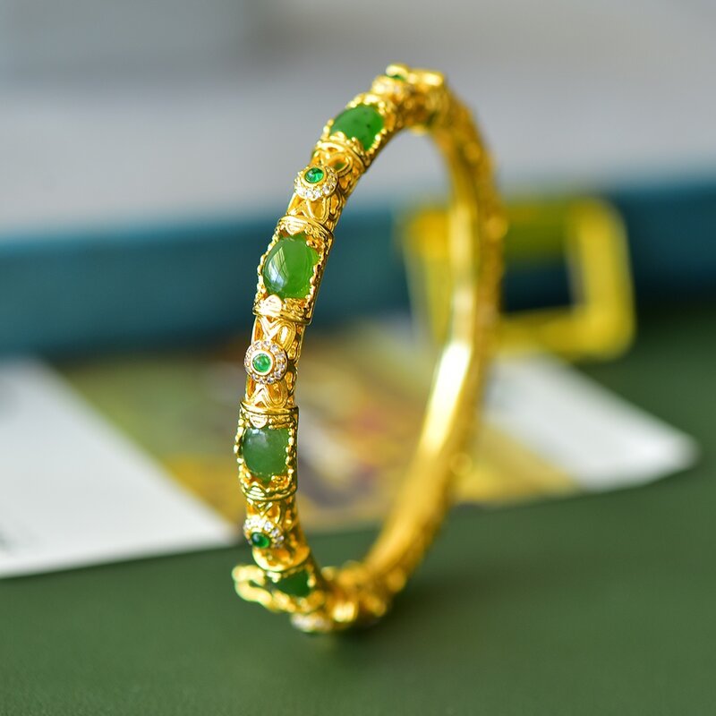 Esculpido oco cobre embutidos pulseiras JASPER para mulheres, pulseira de jade natural, encantos elegantes, presentes da jóia