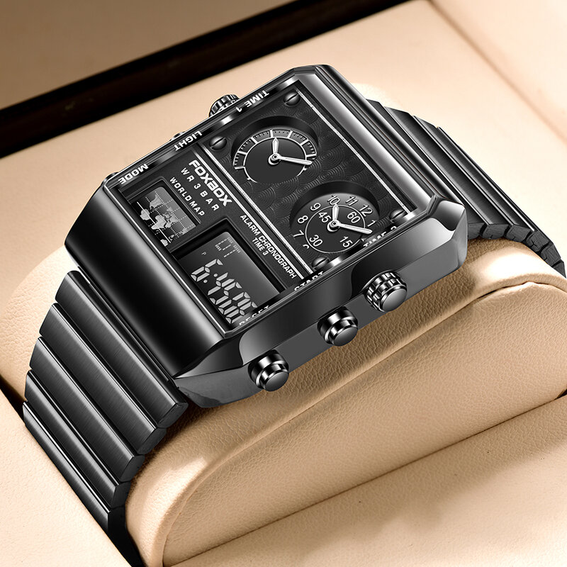 LIGE-relojes digitales deportivos de cuarzo para hombre, pulsera de acero inoxidable multifunción con Led luminoso, doble pantalla