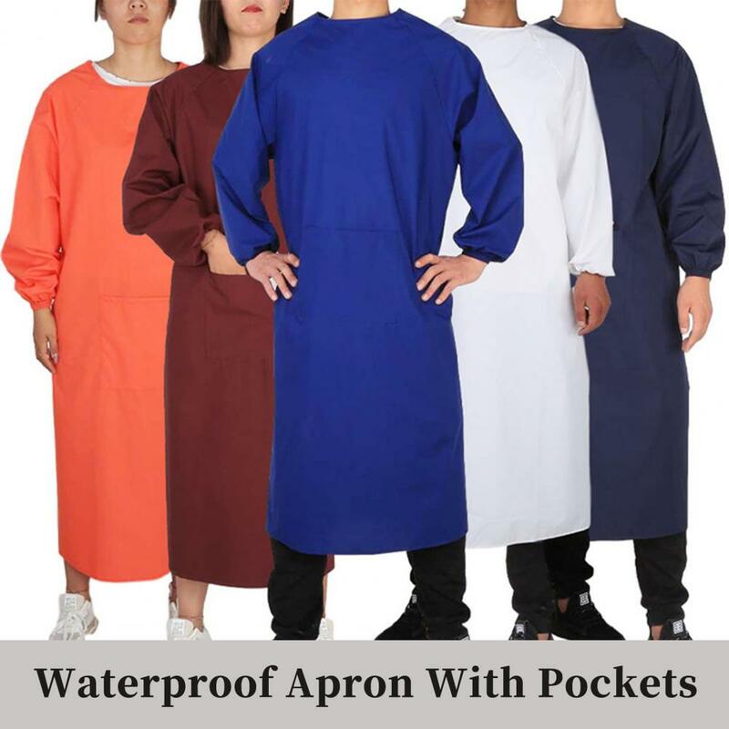 Unisex Cloth Apron Waterproof Canvas Apron With Large Pockets Elastic Long Sleeves For Chefs Grill Restaurant Bar Shop Work Wear