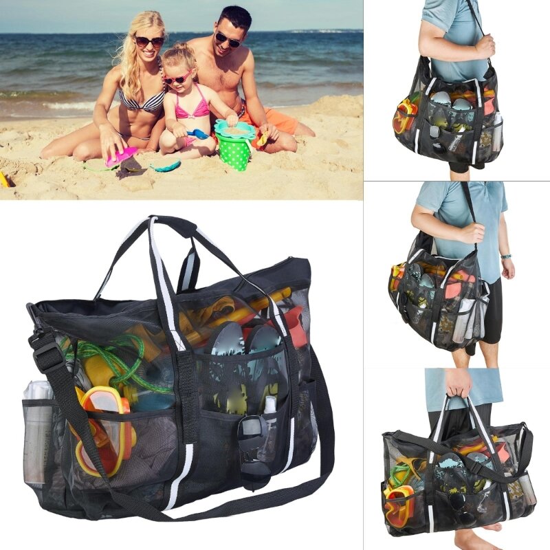 1 buah tas jinjing jala ringan ekstra besar tas jinjing portabel dapat dilipat dengan banyak kantong untuk keluarga pantai