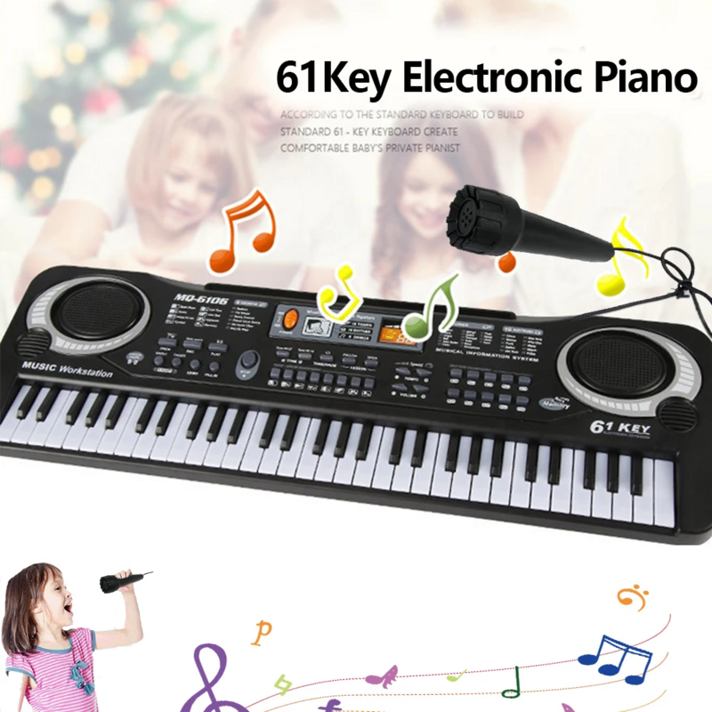 Piano eletrônico com microfone para crianças, 61 teclas, brinquedo educativo, instrumento musical