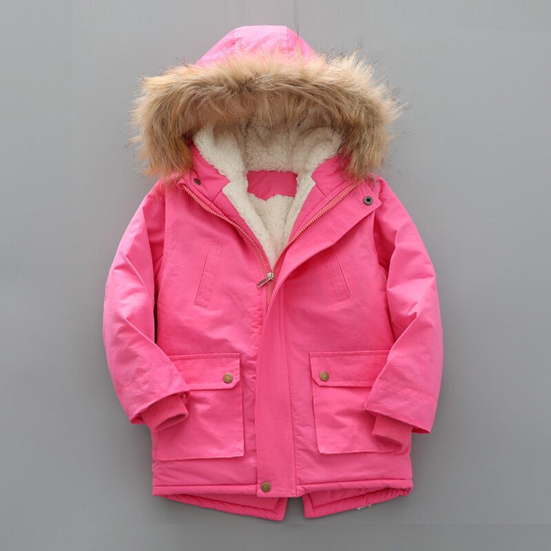 Dziewczynka kurtka dżinsowa Plus futro ciepły maluch dziecięce zimowe dziewczęce bawełniane watowane ubrania dziecięce zagęszczony bawełniany płaszcz z podszewką