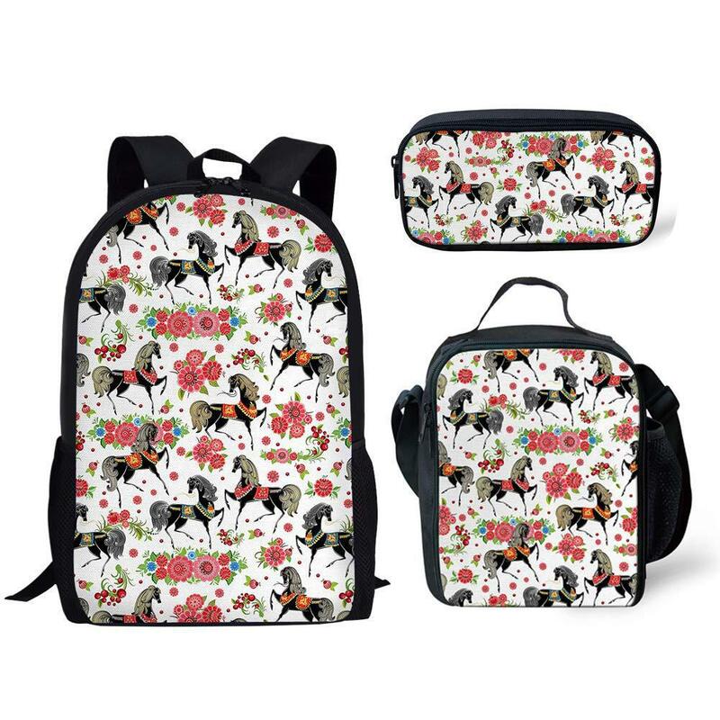 Popular Funny Broken flower horse 3D Print 3pcs/Set pupil School Bags Laptop Daypack Backpack Lunch bag Pencil Case