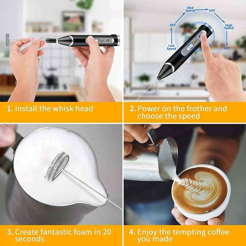 3 가지 모드 전기 핸드 헬드 우유 거품기 블렌더, USB 충전기 포함, 버블 메이커, 커피 카푸치노 용 거품기 믹서