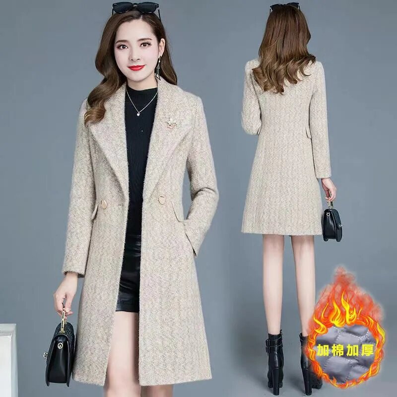 Модное золотистое Норковое Пальто, популярная новинка 2023 для женщин на осень и зиму, облегающее длинное шерстяное пальто, Женское пальто, винтажное пальто из искусственного меха
