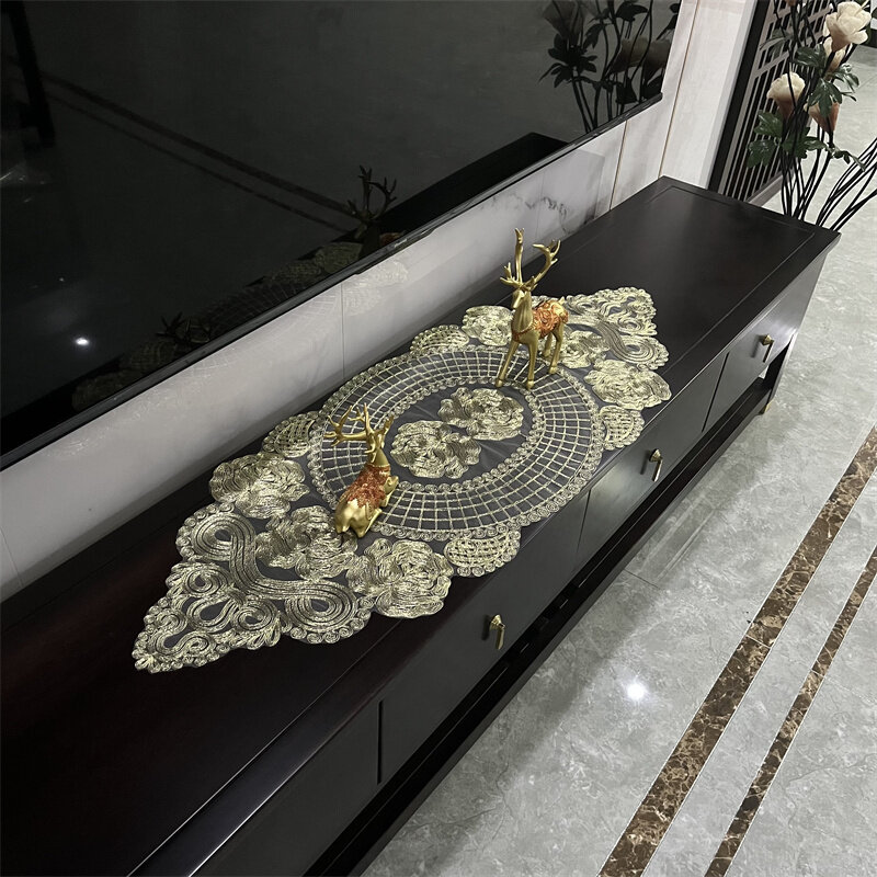 Chinese Jacquard Oval Tablecloth Table Mat Wall Cabinet Tea Set Coffee Bar Non-Slip Cover Cloth Christmas Wedding Decoration