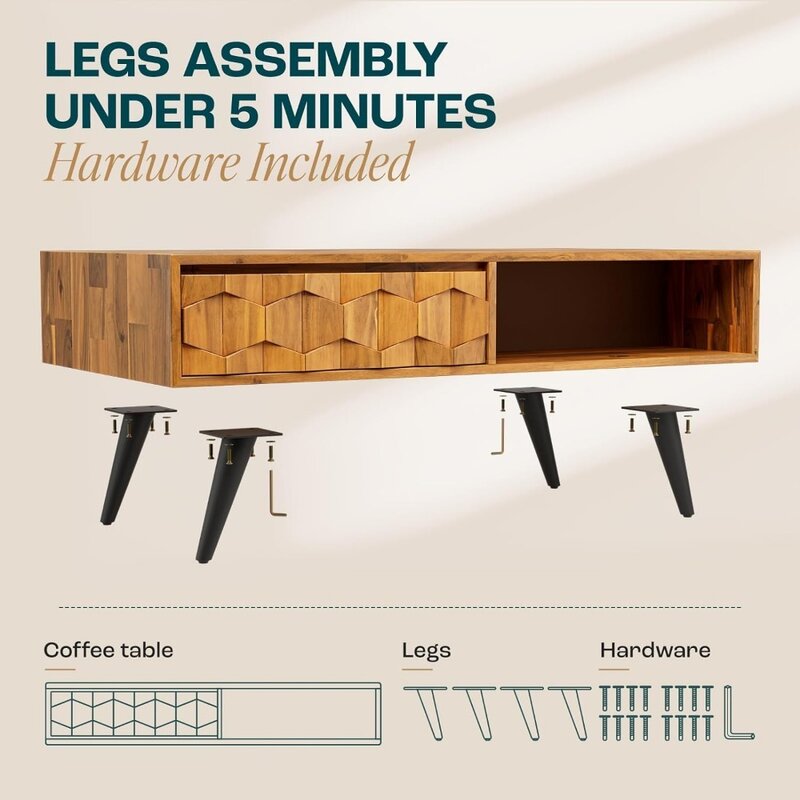 Stolik kawowy z litego drewna do salonu z 2 symetrycznymi szufladami do przechowywania i geometrycznymi detalami Stoliki z drewna tekowego w kolorze brązowym Meble kawiarniane