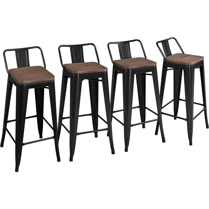 Металлические барные стулья, набор из 4 барных высотных барных стульев с деревянным покрытием, промышленные барные стулья с низкой спинкой, металлические барные стулья