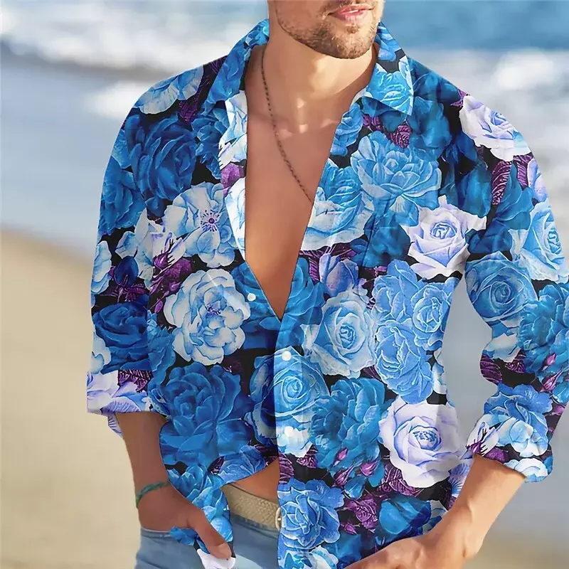 2023 men's shirt fashion trend rose flower color pattern HD graphics casual outdoor street men's clothing new spring and summer