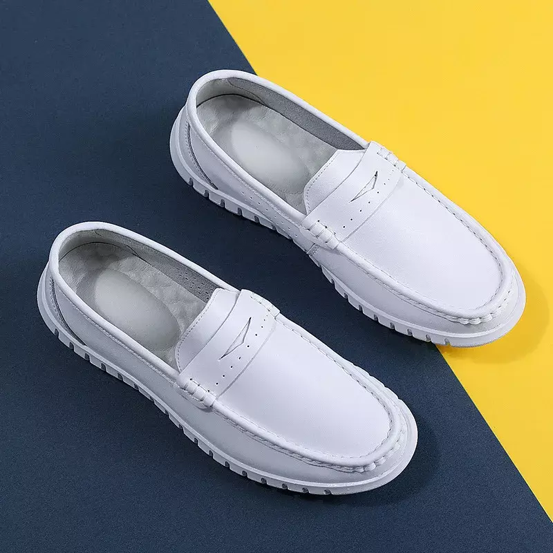 Sepatu Suster pria datar putih antilembap, sepatu loafer putih sol lembut untuk rumah sakit
