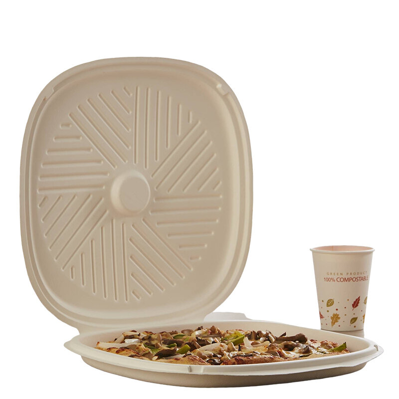 Caixa de pizza redonda com tampa, biodegradável, comestível, para levar, à prova de óleo, bagaço de cana, produto personalizado, atacado