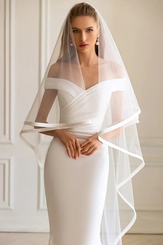 White 2T Wedding Veils Satin Ribbon Edge Long Tulle Bridal Veils Tea Length Mesh veils for Bride with Comb Hair Accessory