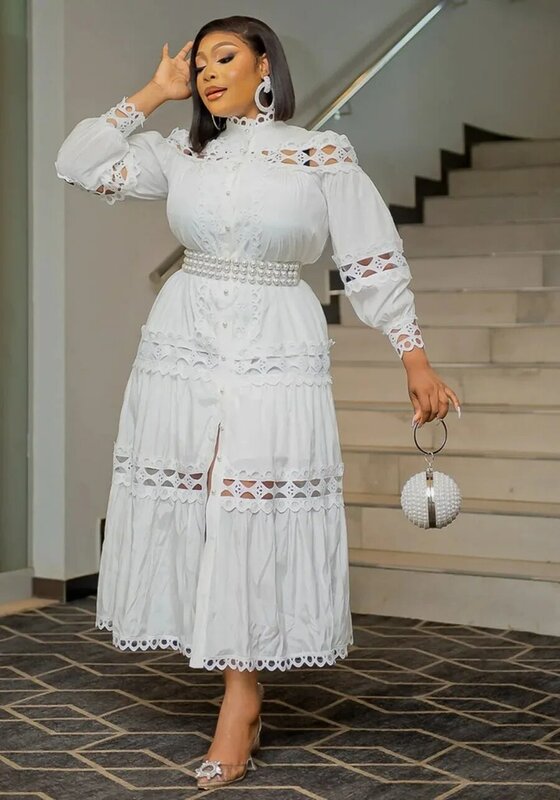 Женское платье до щиколотки, однотонное длинное платье в африканском стиле с длинным рукавом и круглым вырезом, 2024
