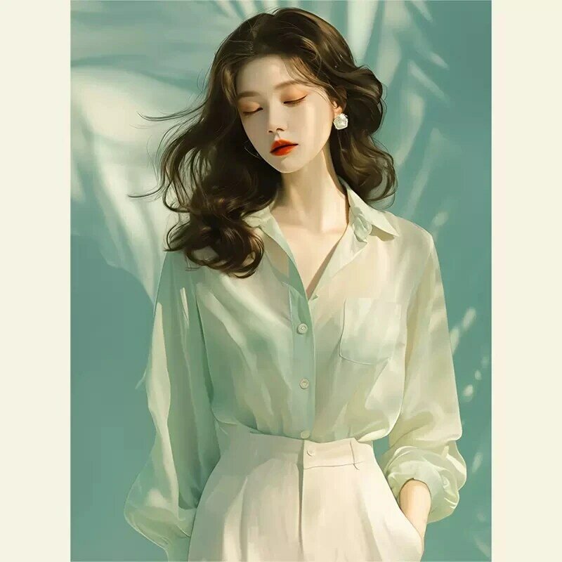 여성용 빈티지 쉬폰 셔츠, 단색 블라우스, 루즈핏 긴팔 탑 포켓, 패션 의류, 한국 2024, 여름