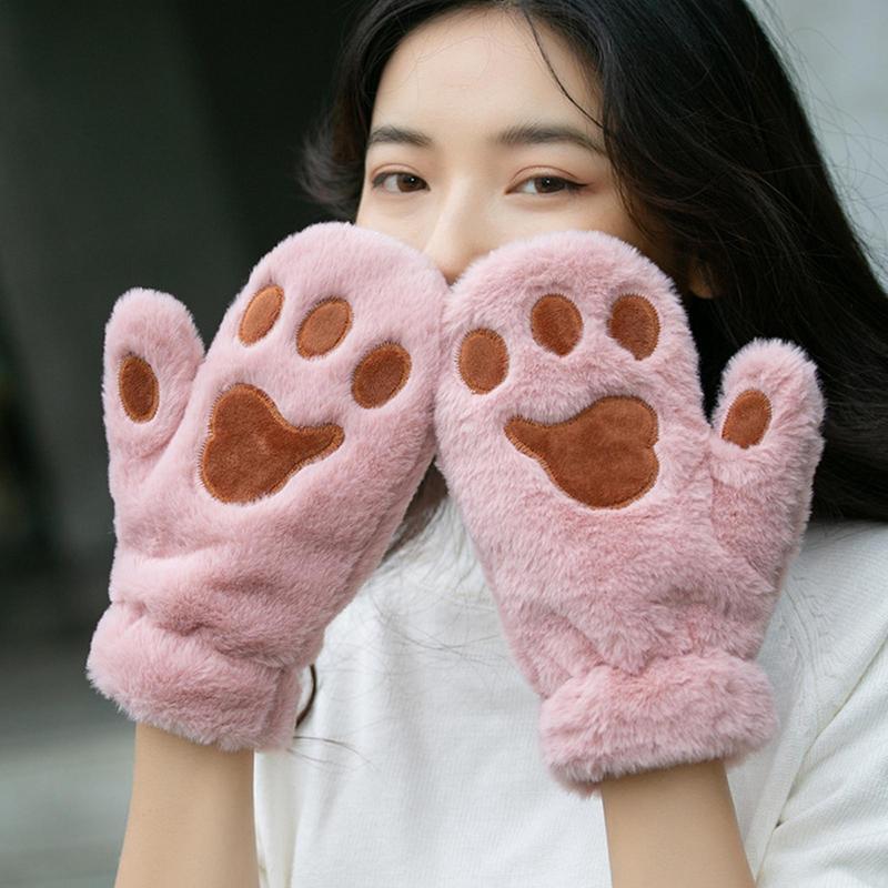 Gants d'hiver en peluche à pattes de chat pour femme, Adorable, fourrure, griffe de chat, doigts complets, cadeaux chauds pour adolescents