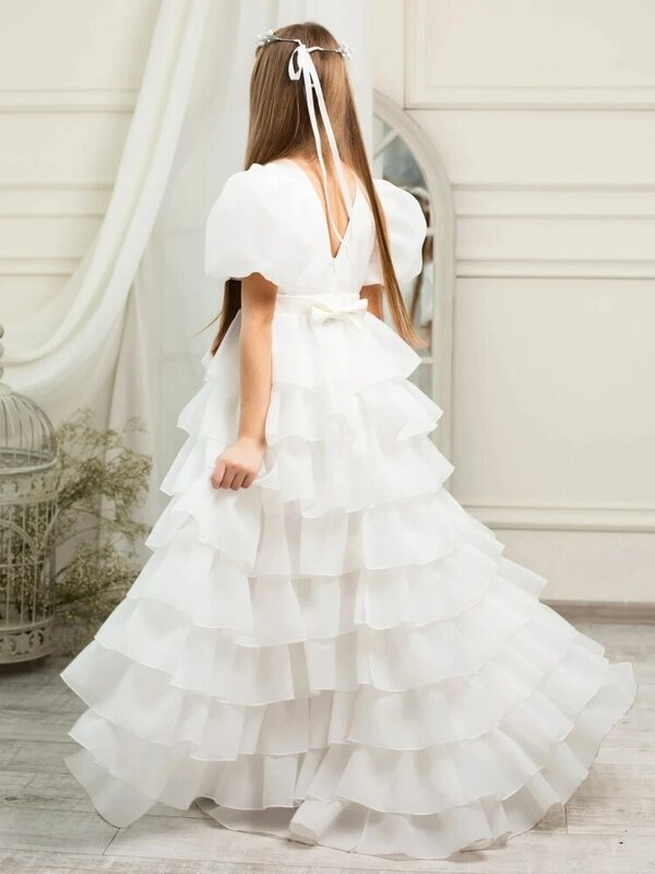 Flower Girl Dresses White Satin Tiered With Bow High-low Skirt Short Sleeve For Wedding Birthday Party First Communion Gowns
