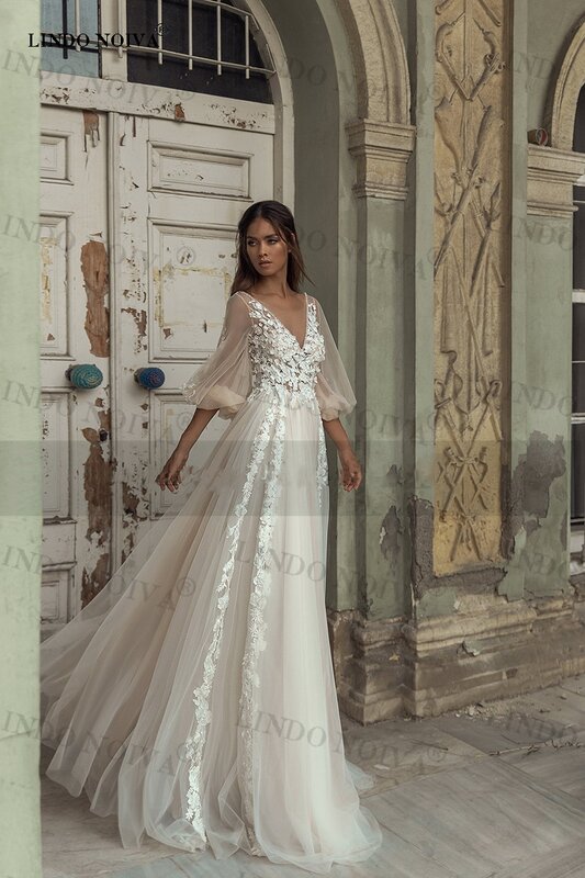 LINDO NOIVA 보헤미안 프린세스 아플리케 레이스 긴 퍼프 소매 웨딩 드레스, 백리스 신부 가운, 2023