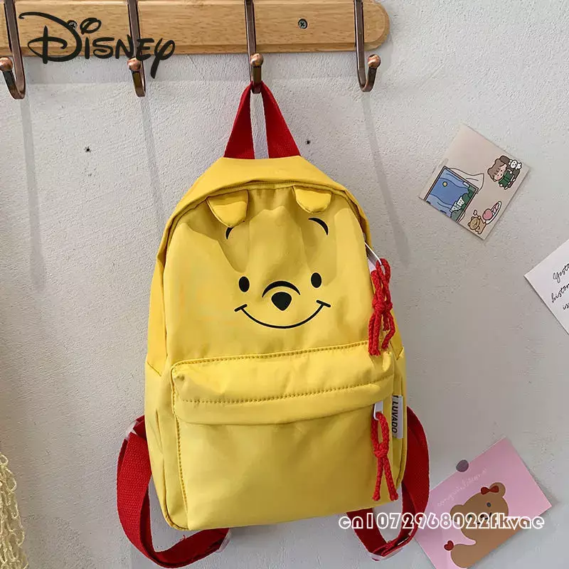 Детский рюкзак Disney с изображением медведя Винни, милый женский ранец с мультяшным рисунком, вместительная однотонная сумка для хранения