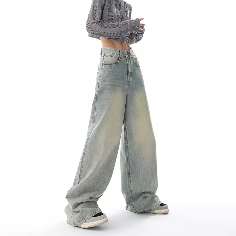 QWEEK Vintage Y2K Baggy Wide Leg Jeans Women High Waist Loose Casual Grunge Straight Denim Pants Korean Trousers Streetwear