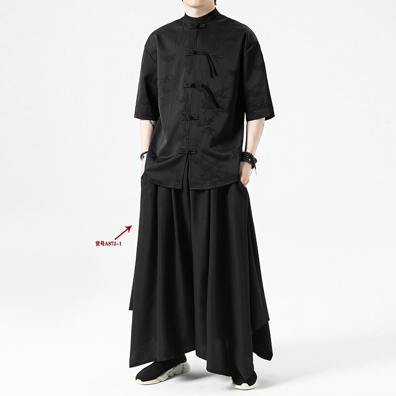 Dark Style Street Clothing Irregular Culottes para Homens Sistema Japonês Verão Respirável Bordado Tornozelo-Comprimento Calças para Homens