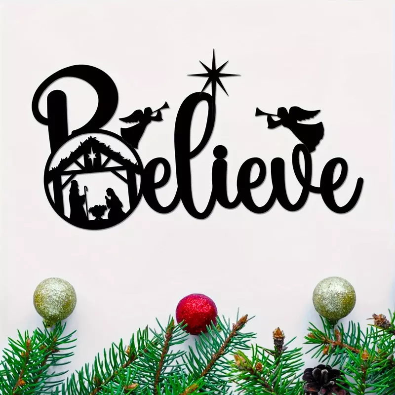 CIFBUY 성탄절 금속 벽걸이 장식, 성탄절 금속 벽걸이 장식, 실루엣 벽 예술, 크리스마스 장식, "믿어"