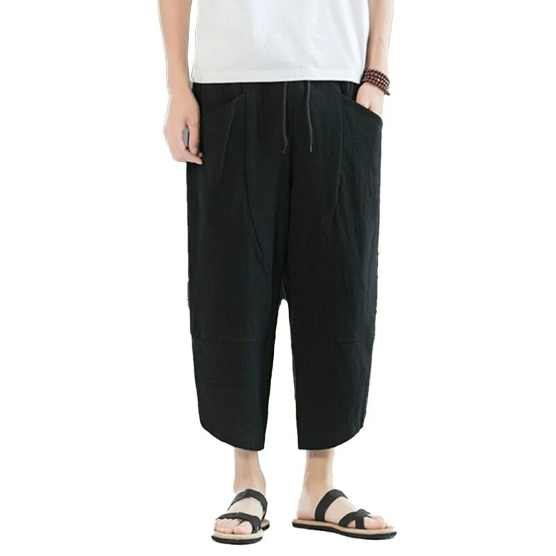 Męskie bawełniane i lniane spodenki Capri letnie spodnie cienki len na co dzień spodnie plażowe luźne spodenki Harajuku spodnie w stylu Hip Hop spodnie samurajskie