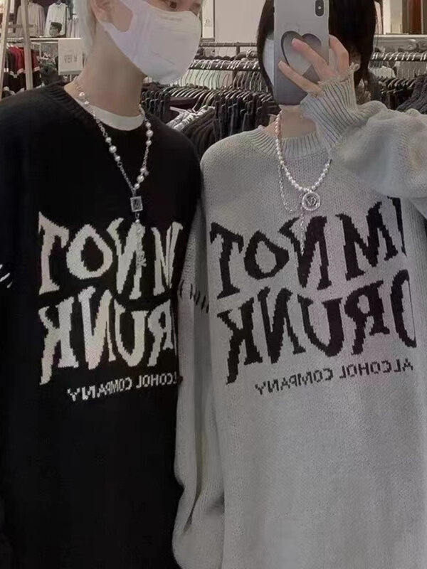Kobiety Punk Grunge list drukuj Jumper drążą Gothic Streetwear nadwymiarowy sweter Out Hole luźne Casual topy Y2K ubrania
