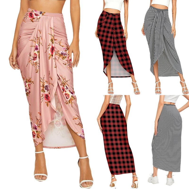Женская элегантная юбка, Повседневная Асимметричная юбка в клетку с цветочным принтом, драпировкой, высокой талией и поясом на резинке