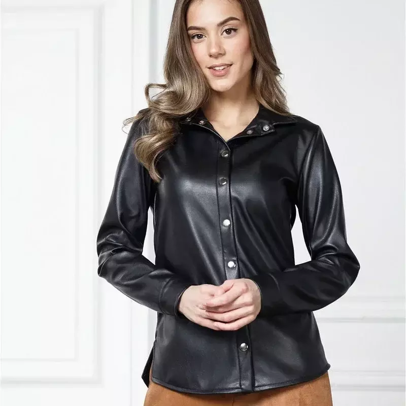 Pu Leather Casual Shirts Women Long Sleeves Turn Down Collar Office Lady Fashion Elegant Tops Solid Color Female Clothing