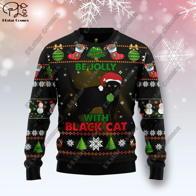Nadruk 3D choinka Santa Claus tatuaż kot jeleń sweter Streetwear casualowa zimowa bluza M7
