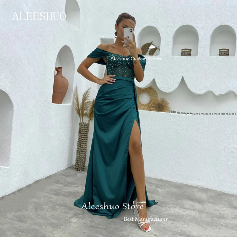 Aleeshuo zielona błyszcząca satynowe suknie wieczorowe wyszyta koralikami z ramienia, ukochana szyja koralikowe aplikacje koronkowe suknia na bal maturalny długa